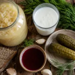Kiszonki, kefir i czosnek – to jest dobre na jelita. Słoik kapusty, szklanka kefiru, ogórki, chleb i koper.