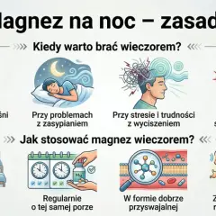 Kiedy najlepiej brać magnez? Wskazówki: przy napięciu mięśni, problemach z zasypianiem, stresie, skurczach nocnych, 30-60 min przed snem, regularnie, w przyswajalnej formie.