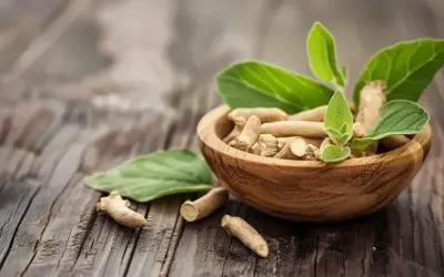 Korzeń ashwagandhy w drewnianej miseczce, z liśćmi. Naturalne wsparcie dla osób z hashimoto.