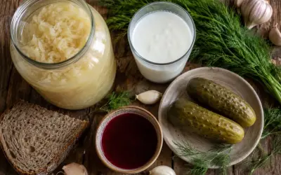 Kiszonki, kefir i czosnek – to jest dobre na jelita. Słoik kapusty, szklanka kefiru, ogórki, chleb i koper.