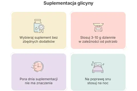 Wskazówki dotyczące suplementacji glicyny: wybieraj czysty produkt, stosuj 3-10g dziennie, pora dnia nie ma znaczenia. Glicyna skutki uboczne są rzadkie, ale stosuj na noc dla lepszego snu.