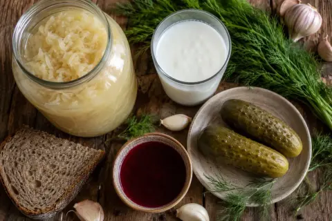 Kiszonki, kefir i czosnek – to jest dobre na jelita. Słoik kapusty, szklanka kefiru, ogórki, chleb i koper.