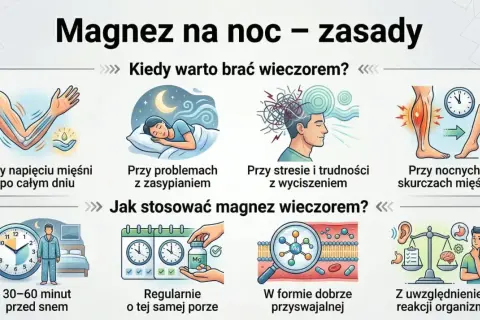 Kiedy najlepiej brać magnez? Wskazówki: przy napięciu mięśni, problemach z zasypianiem, stresie, skurczach nocnych, 30-60 min przed snem, regularnie, w przyswajalnej formie.