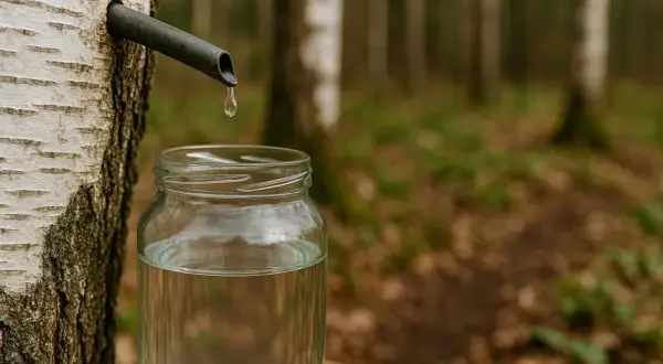 Kropla soku z brzozy spływa do słoika. Poznaj sok z brzozy właściwości i jego naturalne bogactwo.