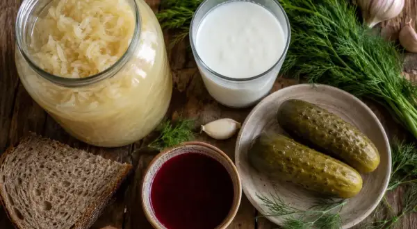 Kiszonki, kefir i czosnek – to jest dobre na jelita. Słoik kapusty, szklanka kefiru, ogórki, chleb i koper.