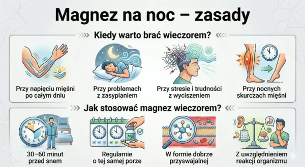 Kiedy najlepiej brać magnez? Wskazówki: przy napięciu mięśni, problemach z zasypianiem, stresie, skurczach nocnych, 30-60 min przed snem, regularnie, w przyswajalnej formie.