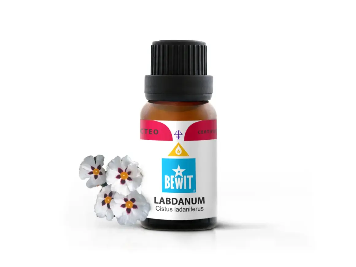 Butelka olejku labdanum obok kwiatów czystka. Zapach labdanum jest balsamiczny, drzewny, lekko dymny i słodki.