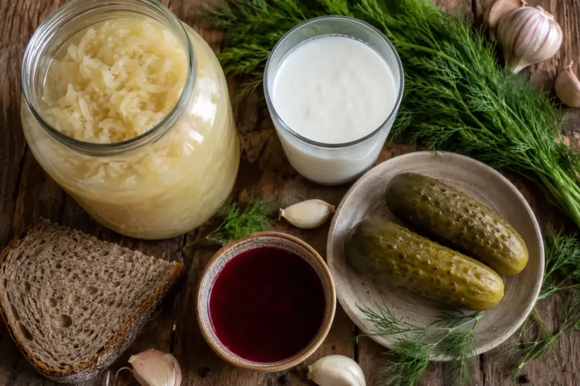 Kiszonki, kefir i czosnek – to jest dobre na jelita. Słoik kapusty, szklanka kefiru, ogórki, chleb i koper.