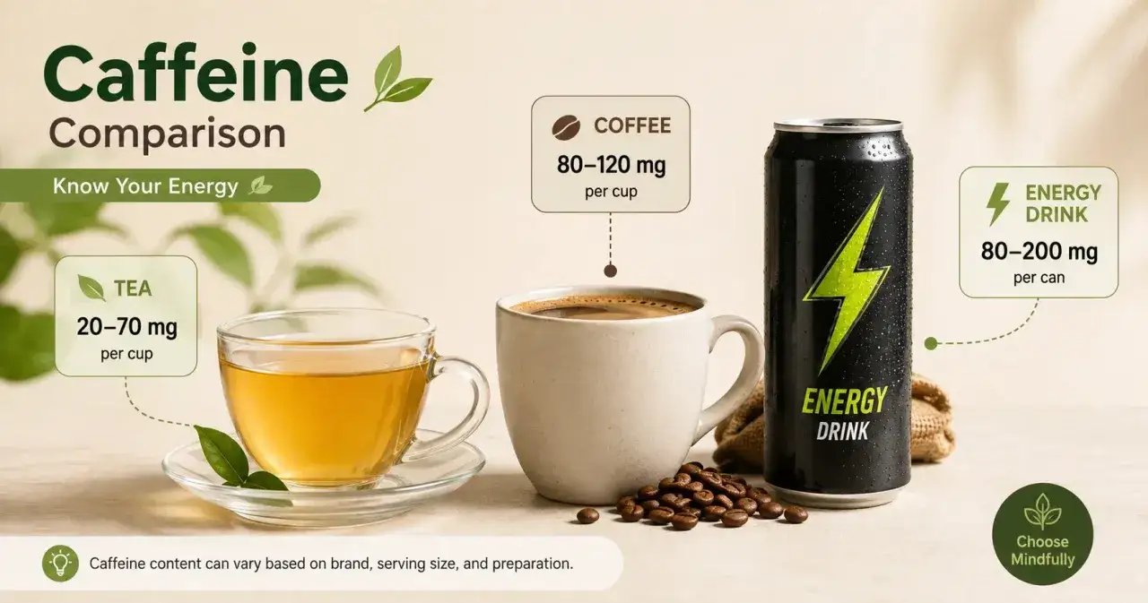Por&oacute;wnanie kofeiny: herbata (20-70 mg), kawa (80-120 mg) i nap&oacute;j energetyczny (80-200 mg). Teina w herbacie i kofeina w kawie i napojach energetycznych.