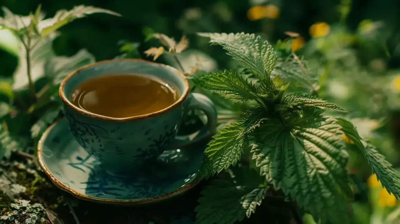 Herbatka z pokrzywy, która na co pomaga, w filiżance wśród zieleni.